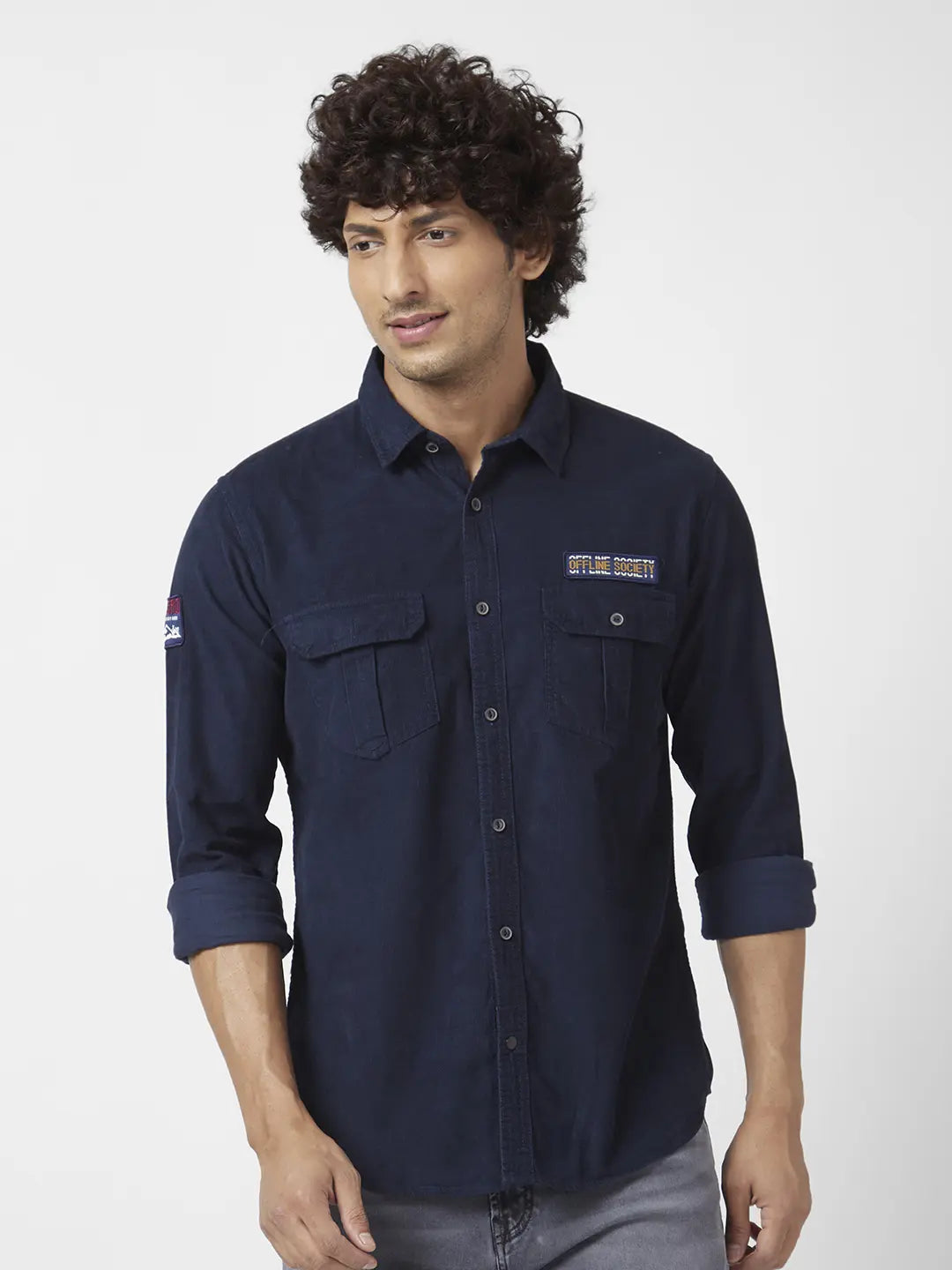 Spykar Men Navy Blue Dyed Regular Slim Fit Full Sleeve Denim Shirt