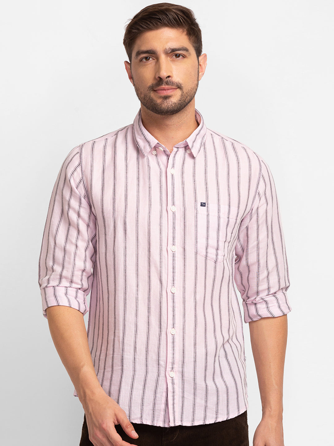 Spykar Powder Pink Cotton Full Sleeve Stripes Shirt For Men