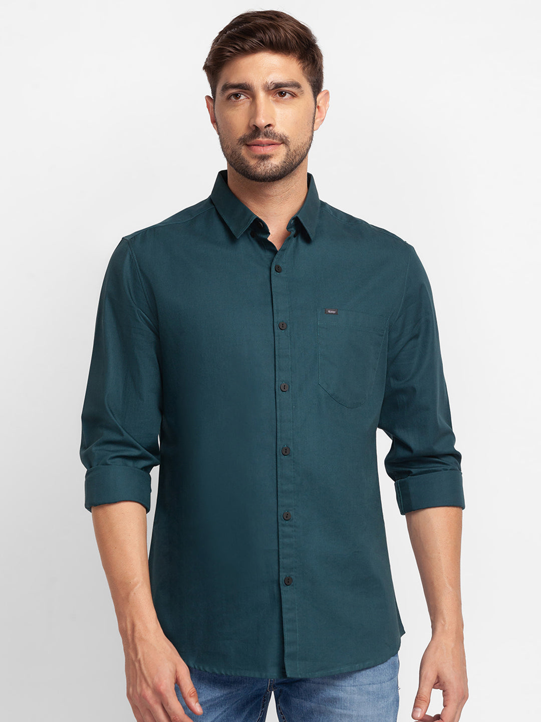 Spykar Teal Green Cotton Full Sleeve Plain Shirt For Men