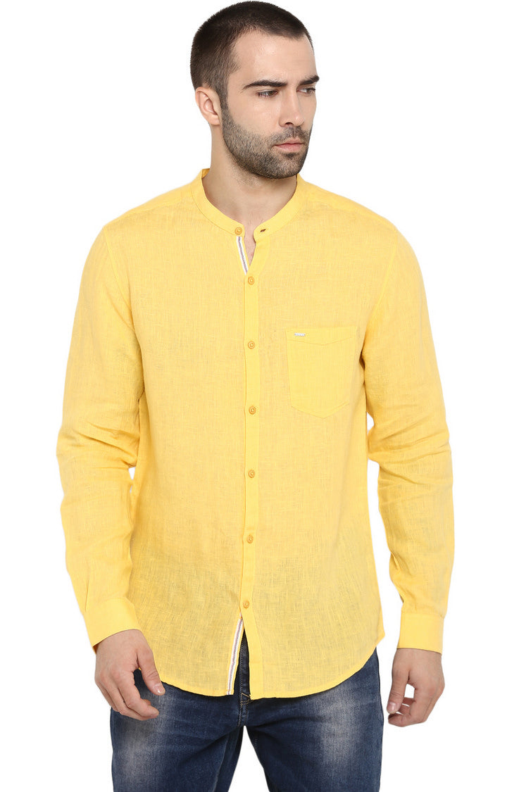 Spykar Yellow Linen Slim Fit Shirts For Men