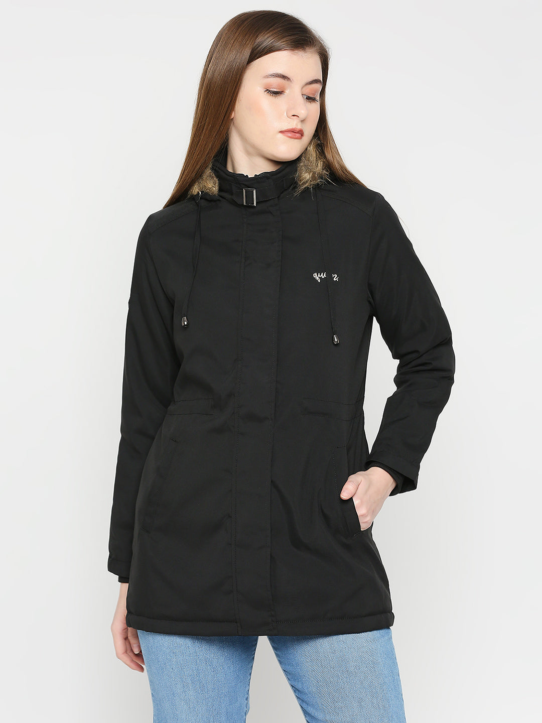 Spykar Women Black Nylon Slim Fit Hooded Jacket