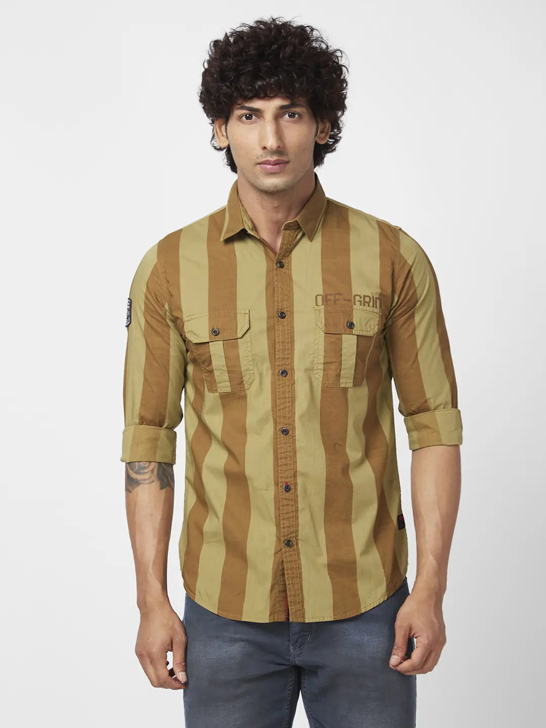 Spykar Men Khaki Cotton Regular Slim Fit Full Sleeve Casual Striped Shirt