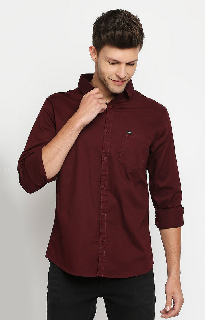 Spykar Wine Red Cotton Full Sleeve Plain Shirt For Men