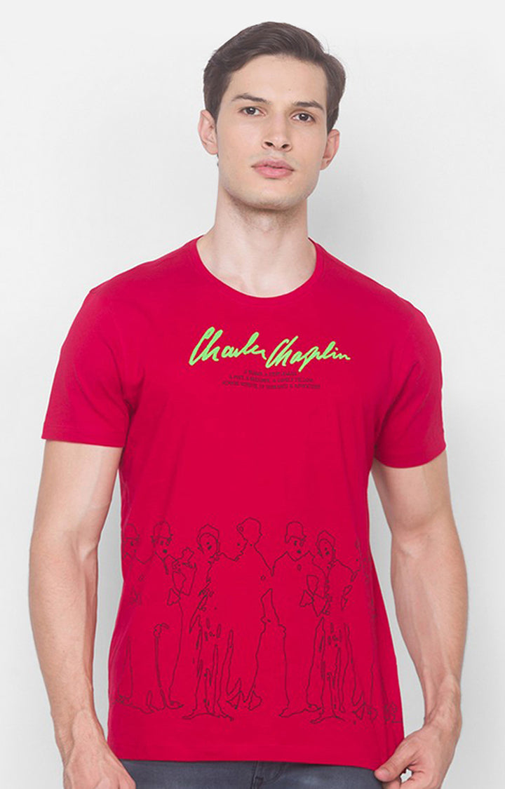 Charlie Chaplin Spykar Men Red Cotton Slim Fit Round Neck Printed T-Shirt