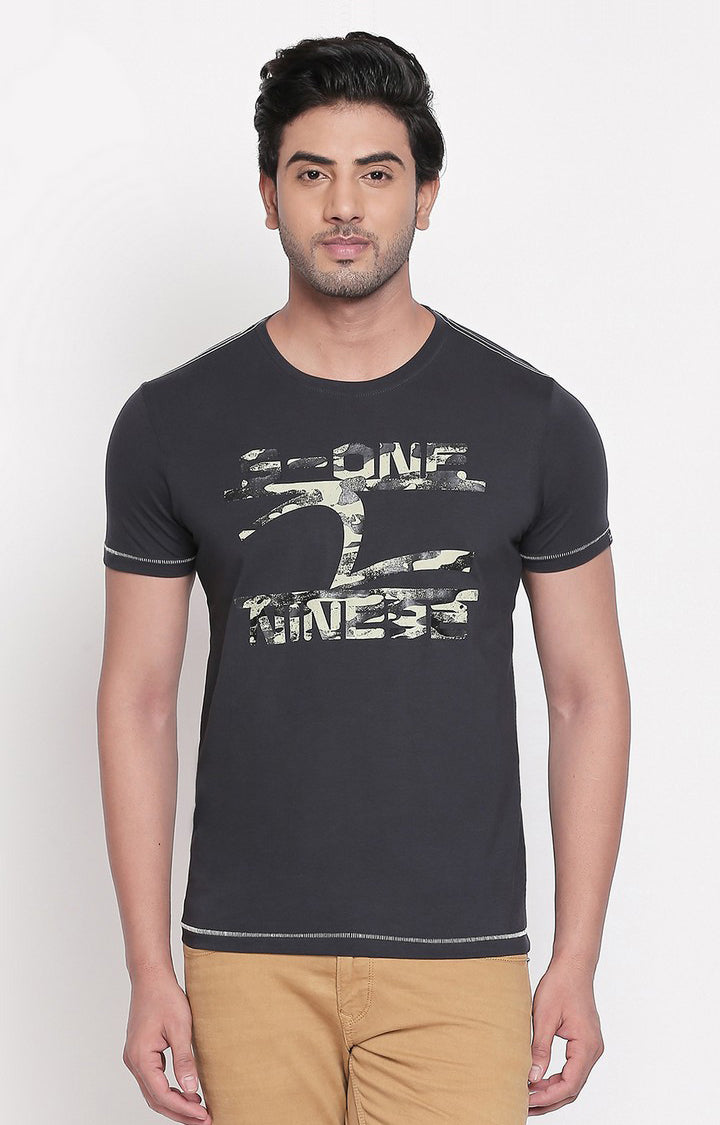 Spykar Charcoal Printed Slim Fit Men T-Shirts