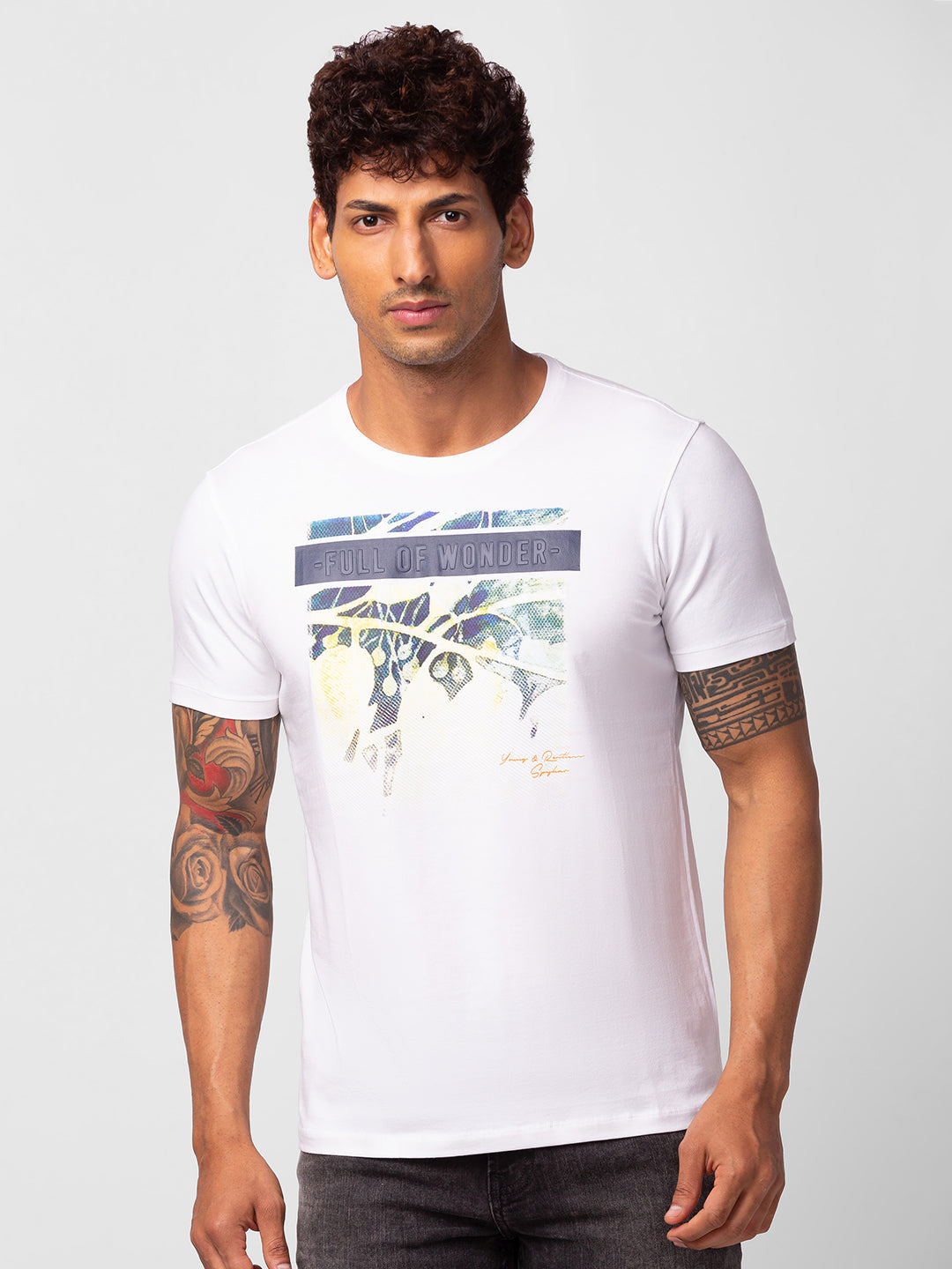 Spykar Men White Cotton Regular Fit Half Sleeve Printed T-Shirt