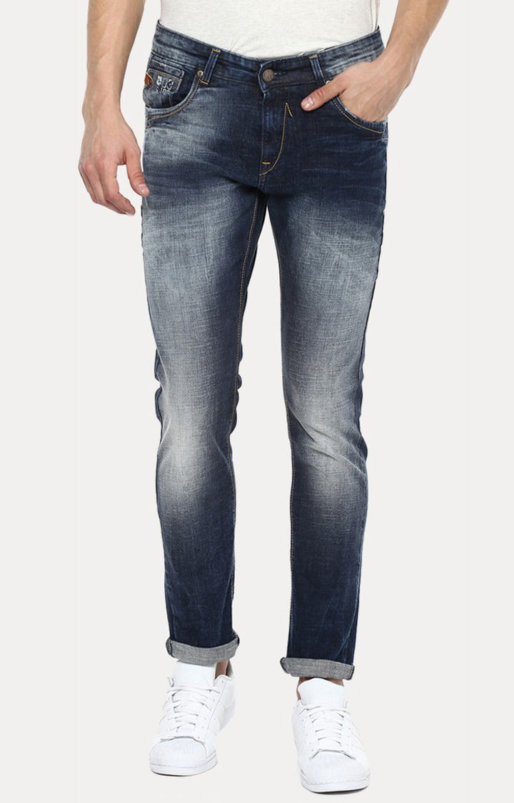 Spykar Blue Cotton Slim Fit Tapered Ankle Length Jeans For Men