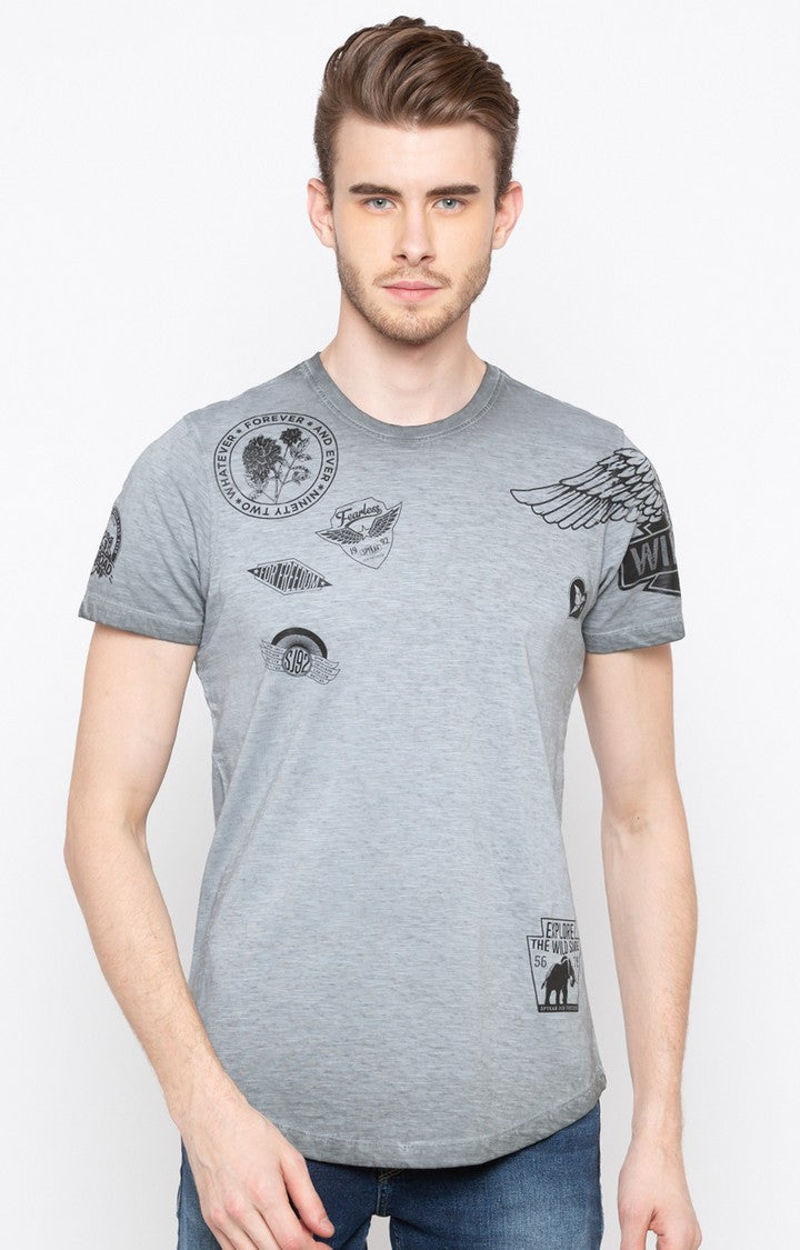 Spykar Grey Printed Slim Fit Men T-Shirts