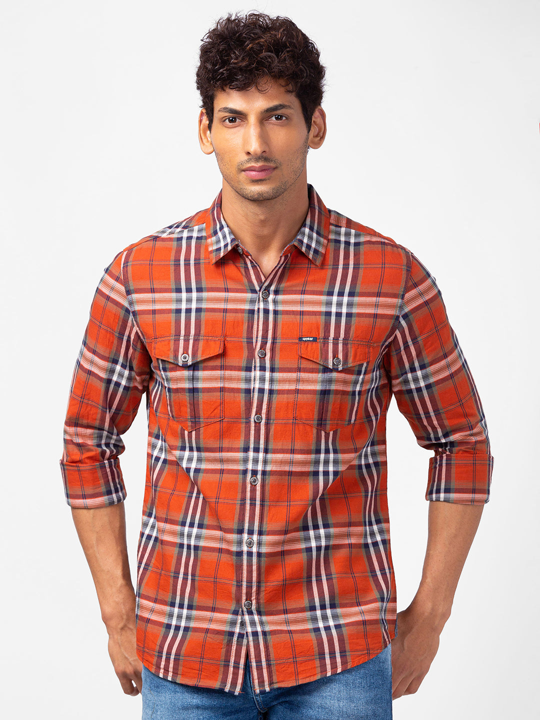 Spykar Men Rust Cotton Regular Fit Checkered Shirts