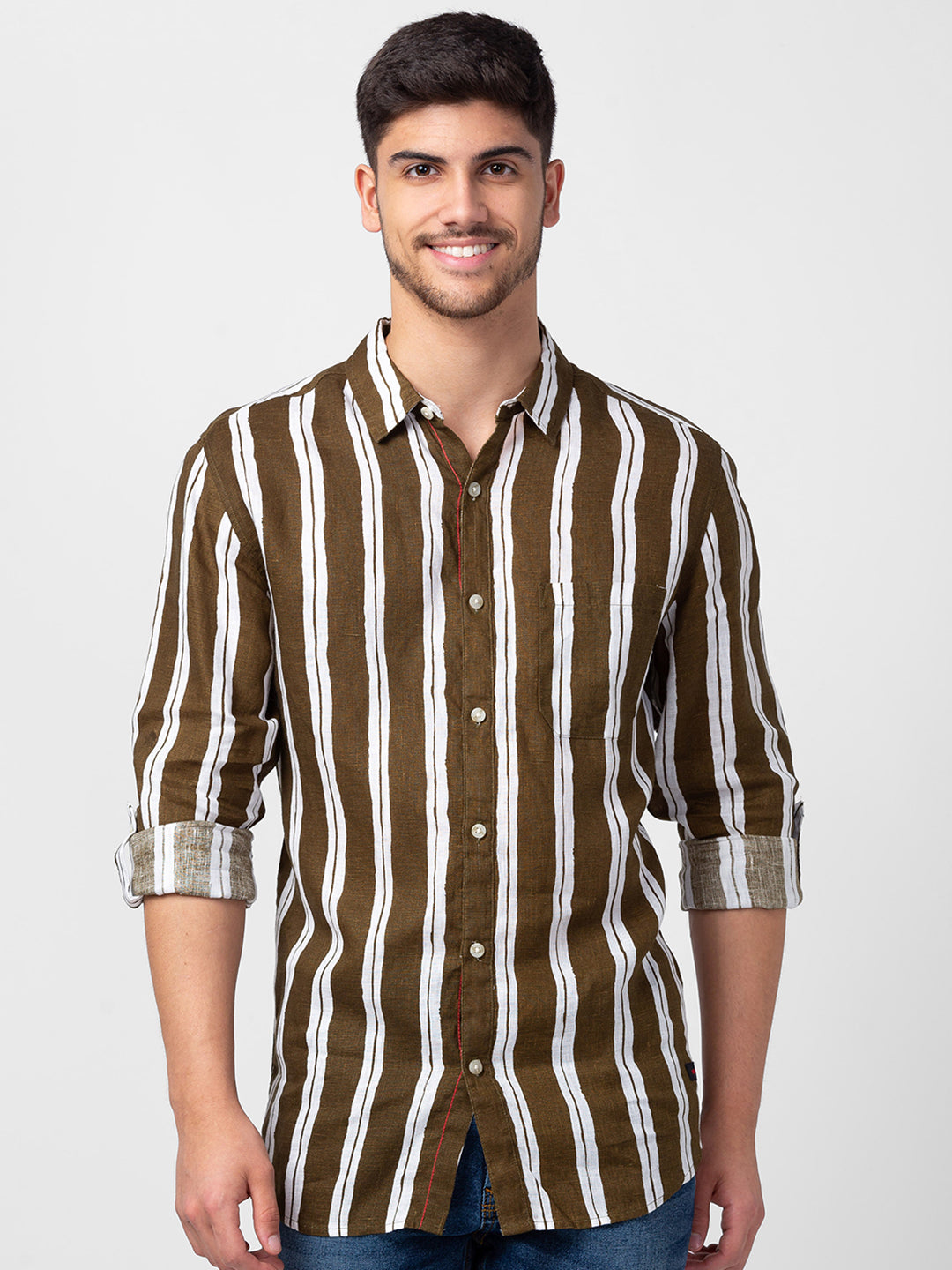 Spykar Men Military Green Cotton Slim Fit Striped Shirt