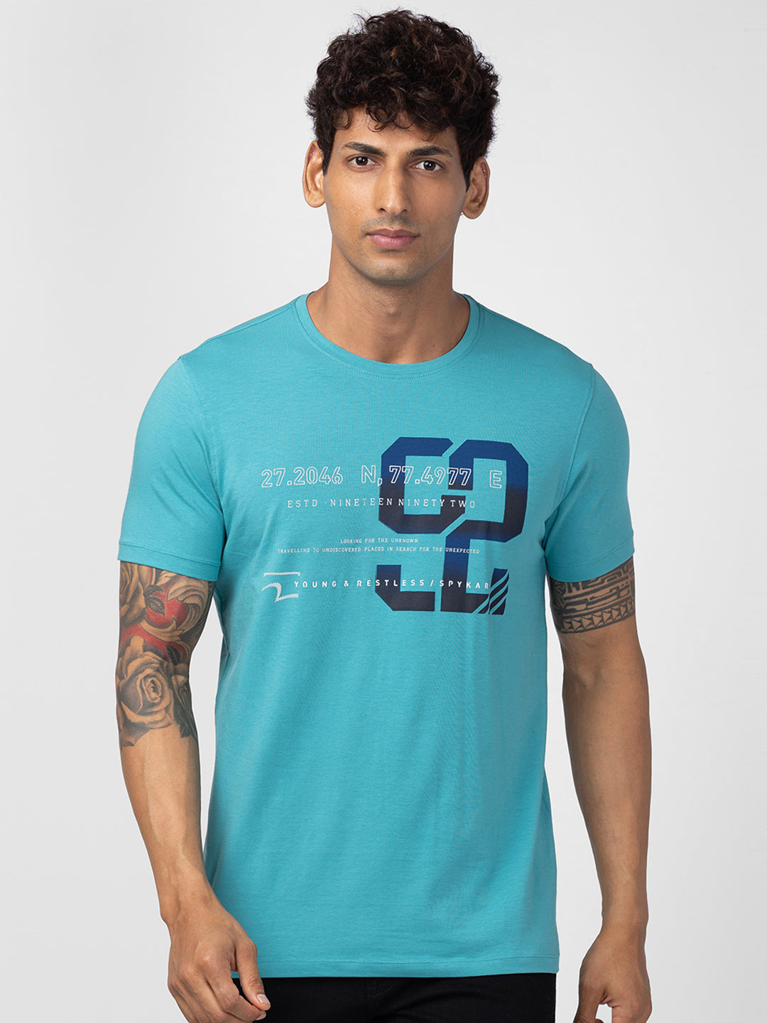 Spykar Men Dusty Turquoise Cotton Regular Fit Half Sleeve Printed T-Shirt