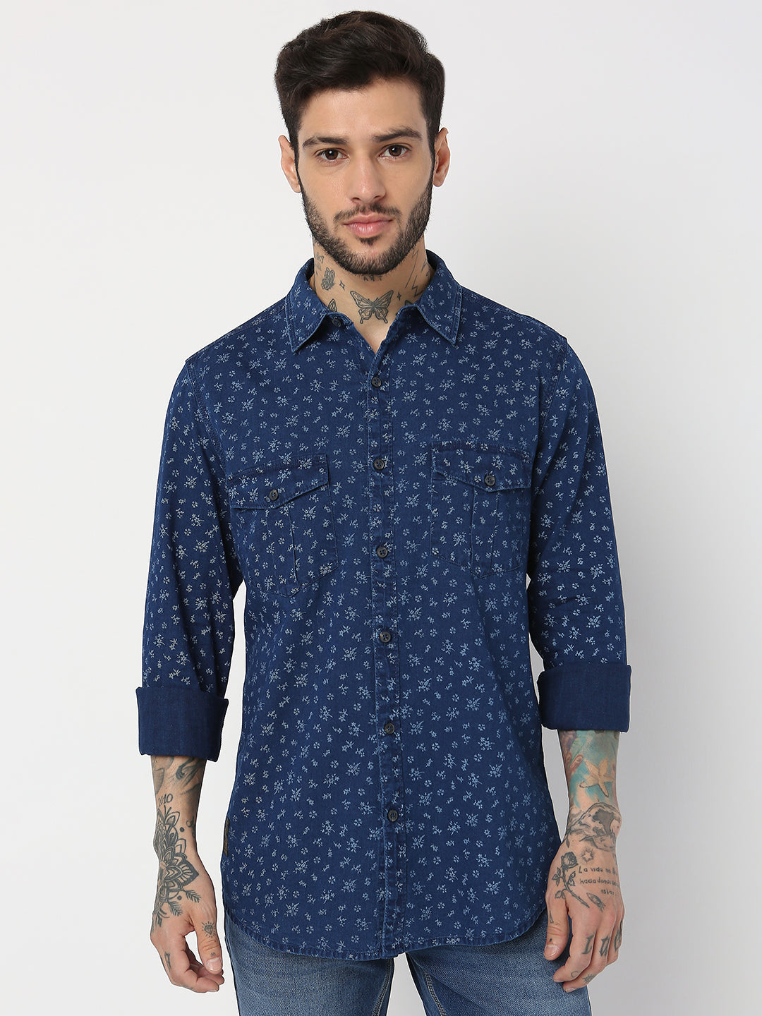 Spykar Men Indigo Blue/White Cotton Slim Fit Printed Shirts