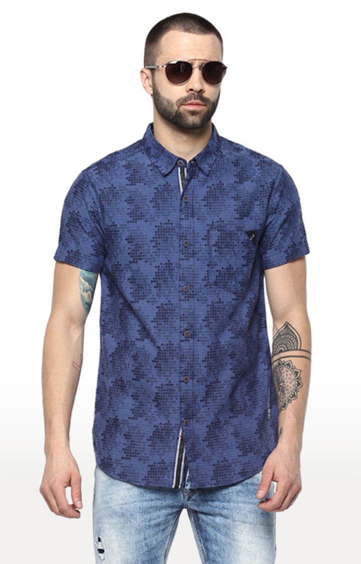 Spykar Men'S Blue Cotton Printed Casual Shirts