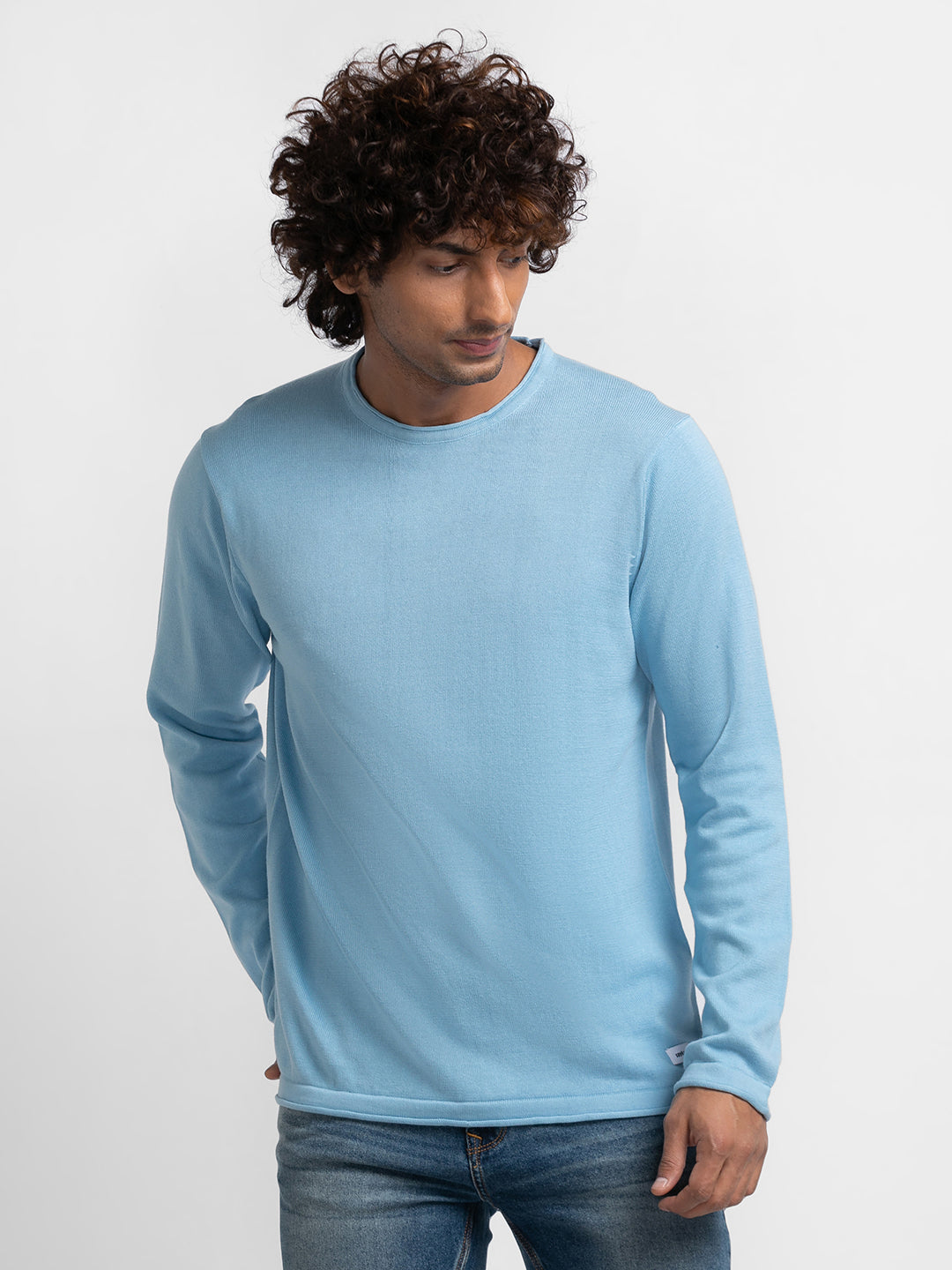 Spykar Sky Blue Cotton Full Sleeve Casual Sweater For Men