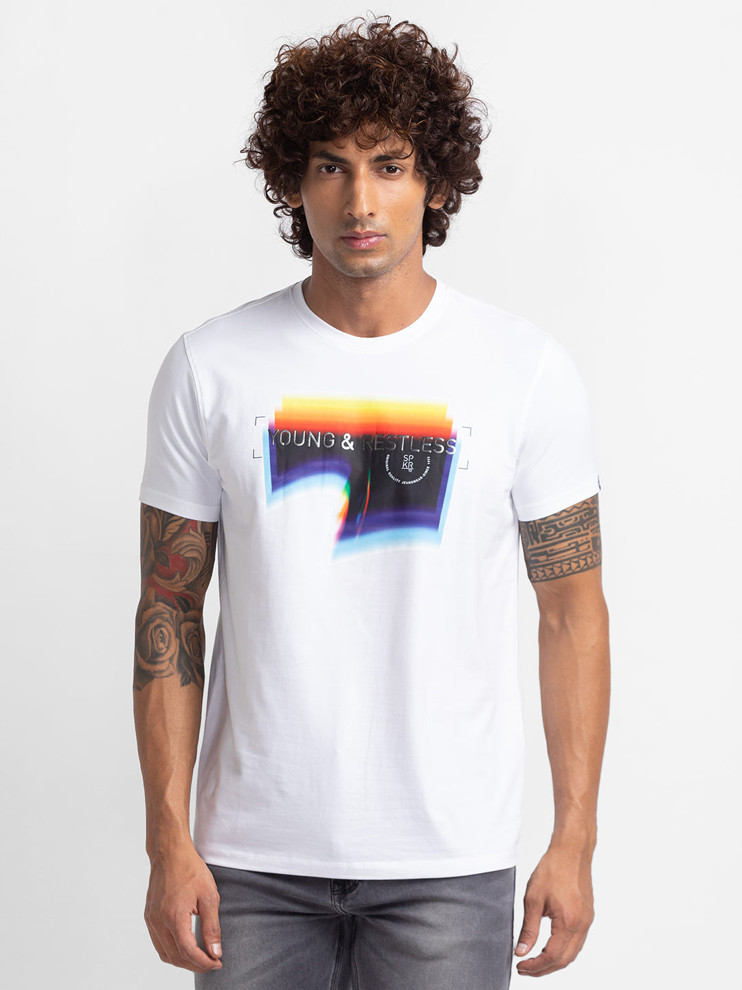 Spykar White Cotton Half Sleeve Printed Casual T-Shirt For Men