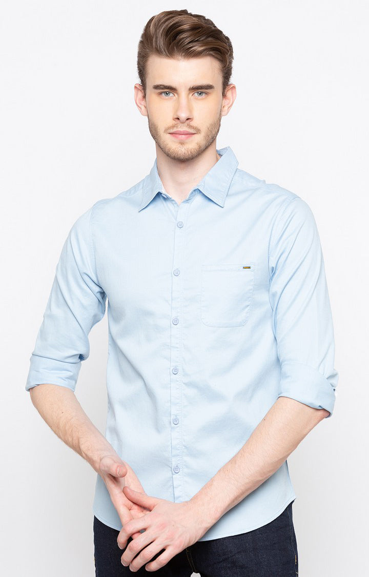 Spykar Men'S Blue Cotton Solid Casual Shirts