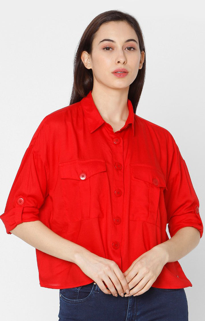 Spykar Slim Fit Red Cotton Women Shirt