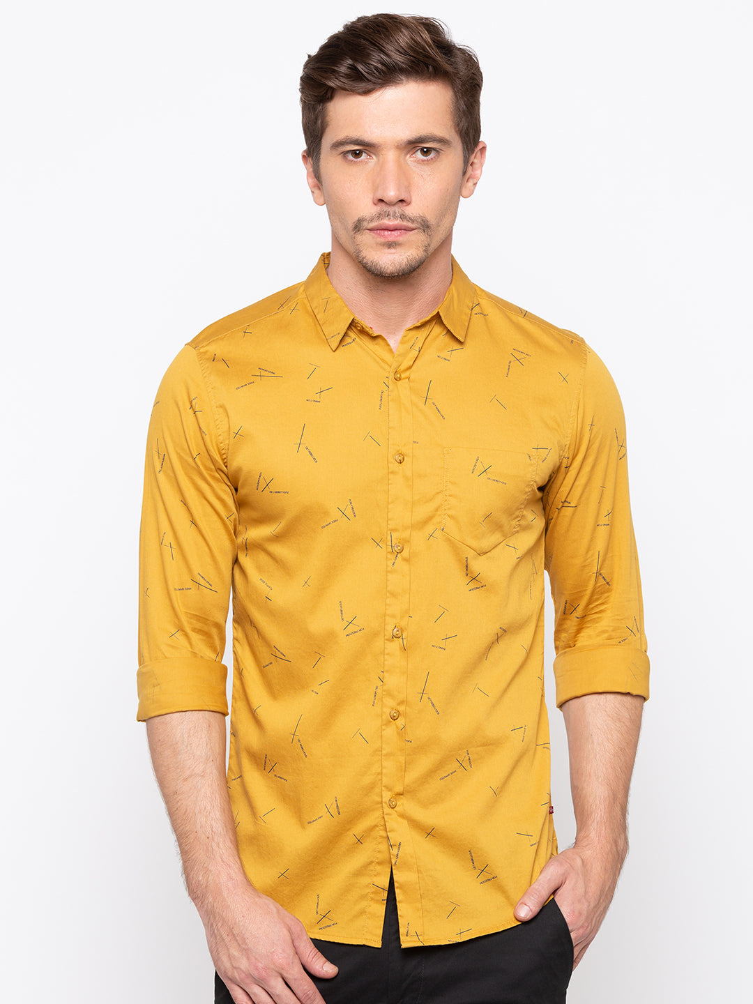 Spykar Yellow Cotton Slim Fit Shirts For Men