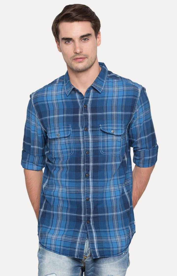 Spykar Men'S Blue Cotton Checked Casual Shirts