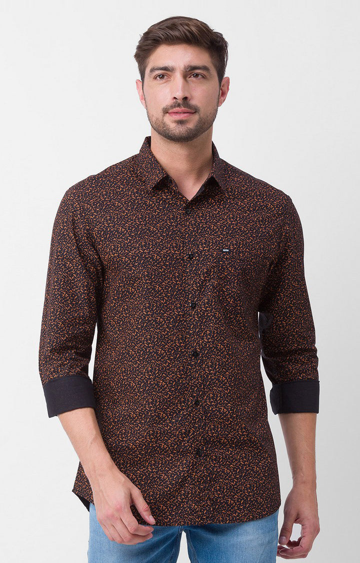 Spykar Charcoal Grey Cotton Full Sleeve Printed Shirt For Men