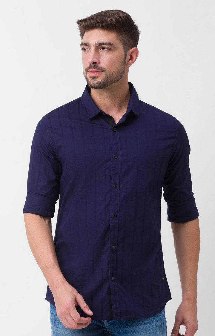 Spykar Ink Blue Cotton Full Sleeve Plain Shirt For Men