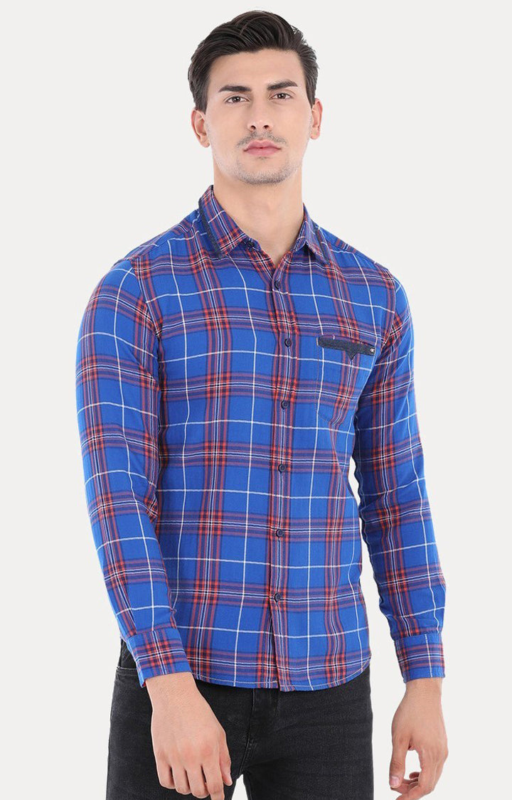 Spykar Men Blue Cotton Slim Fit Full Sleeve Checkered Shirt