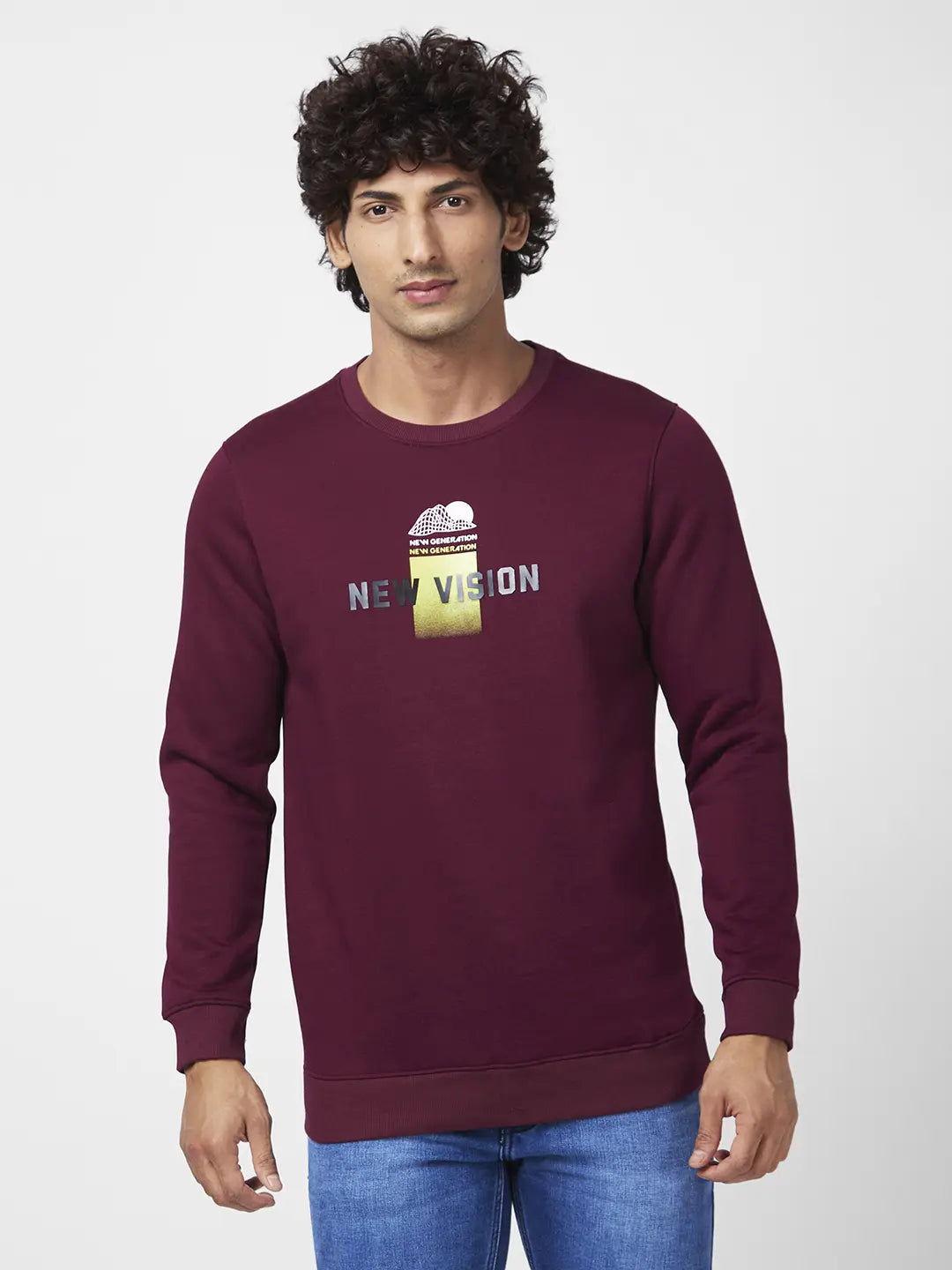 Spykar Men Wine Red Blended Slim Fit Full Sleeve Round Neck Printed Casual Sweatshirt