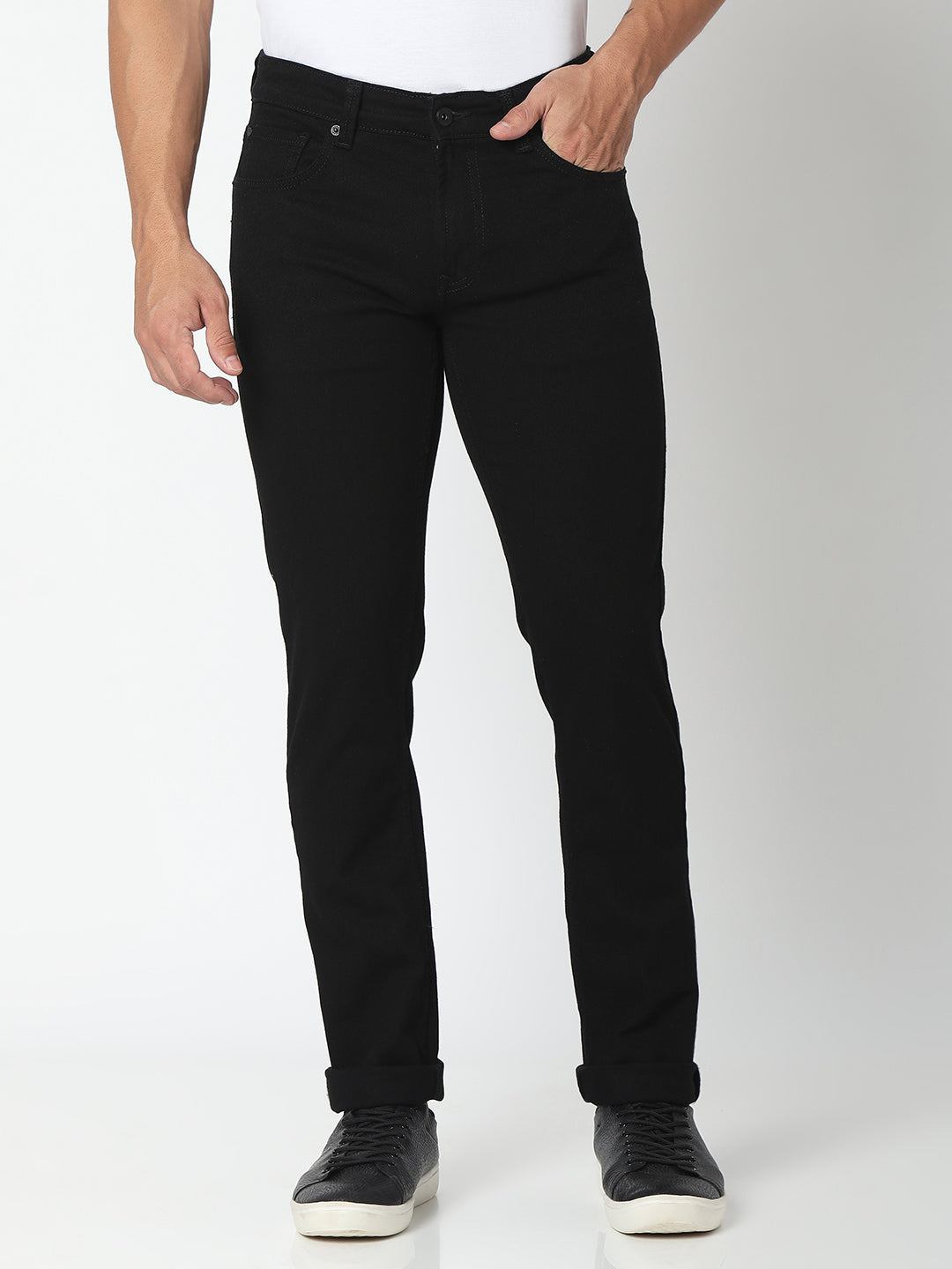 Spykar Black Cotton Regular Fit Narrow Length Jeans For Men (Rover)