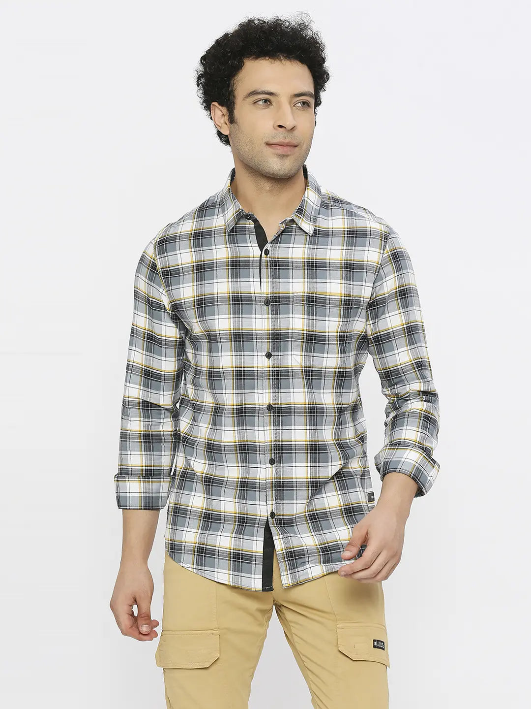 Spykar Men Grey Slub Slim Fit Full Sleeve Checkered Shirt