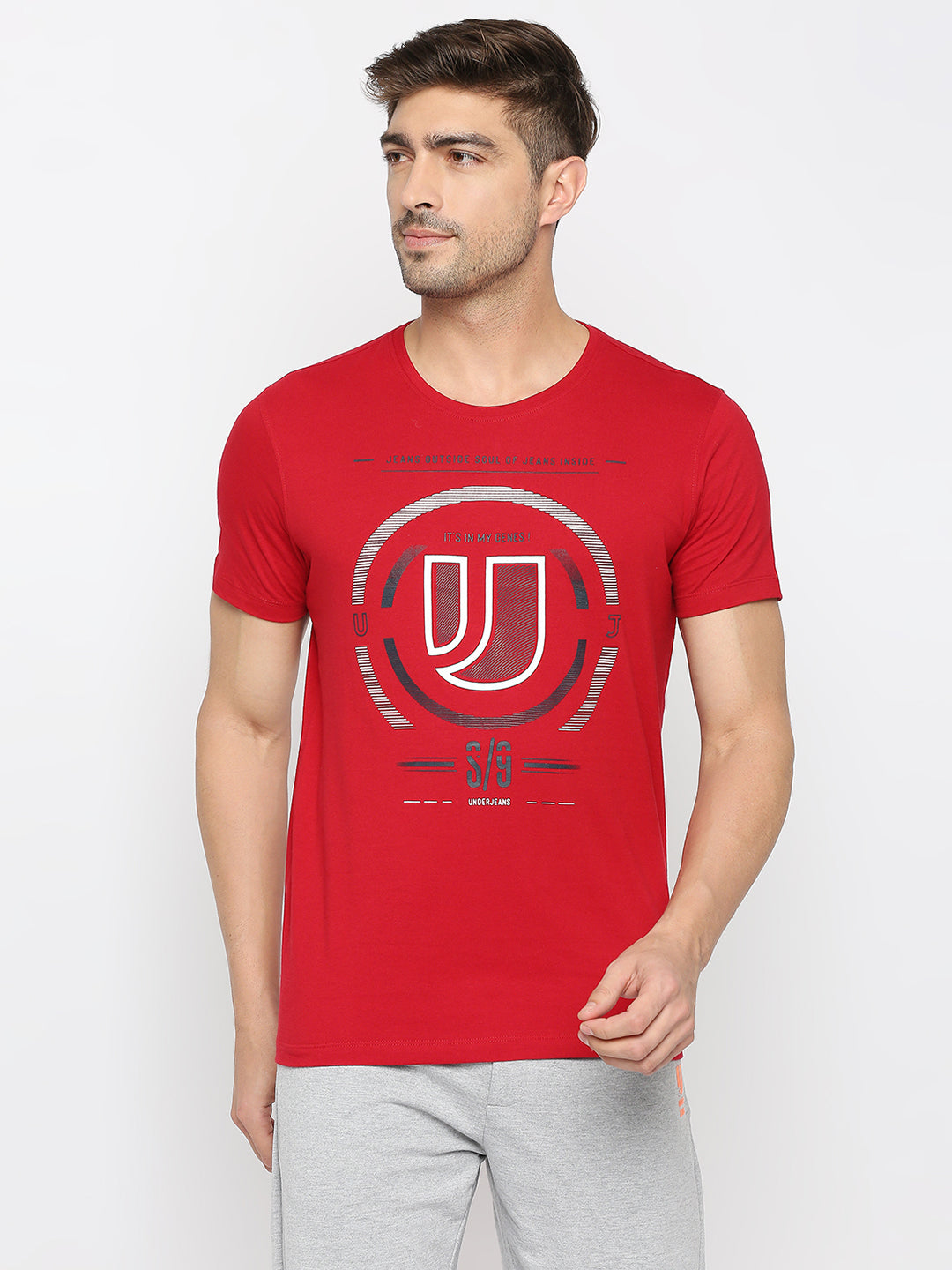 Men Premium Deep Red Cotton Round Neck Printed Tshirt- Underjeans By Spykar