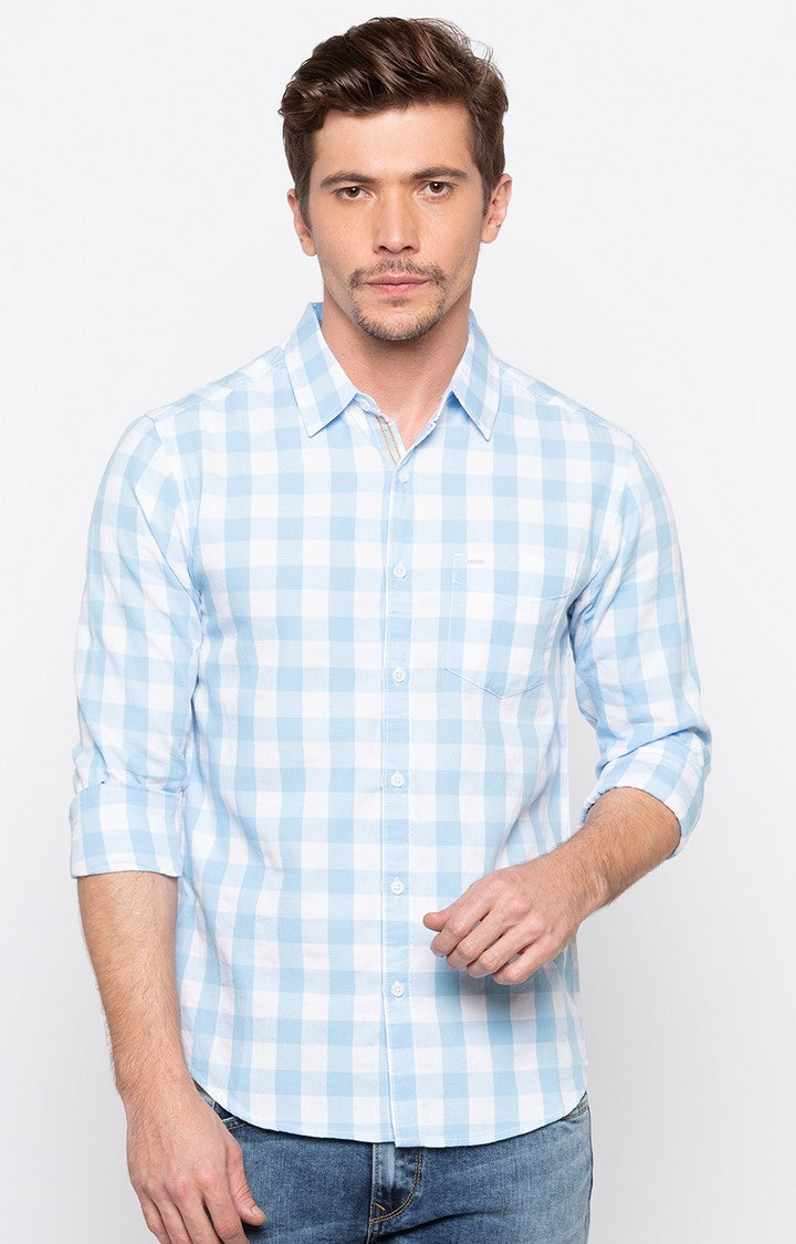 Spykar Men'S Blue Cotton Checked Casual Shirts