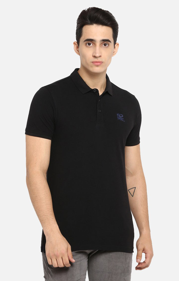 Spykar Black Solid Slim Fit Polos T-Shirt