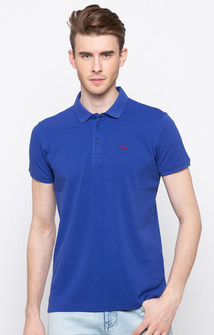 Spykar Royal Blue Solid Slim Fit Polo T-Shirt