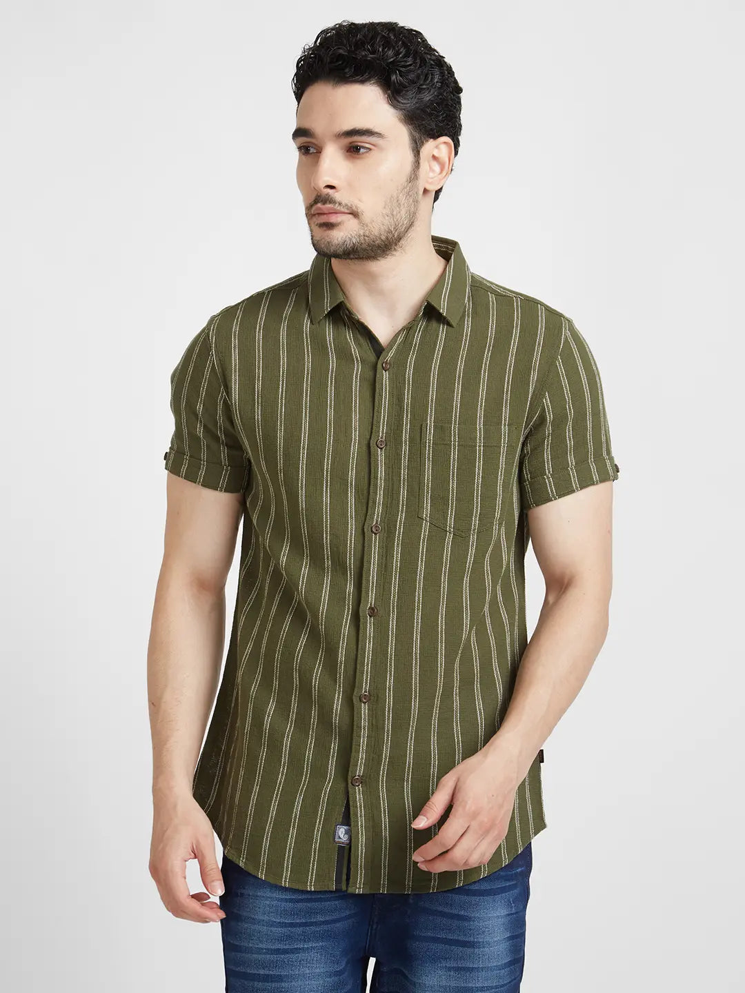 Spykar Men Military Green Cotton Slim Fit Half Sleeve Striped Shirt