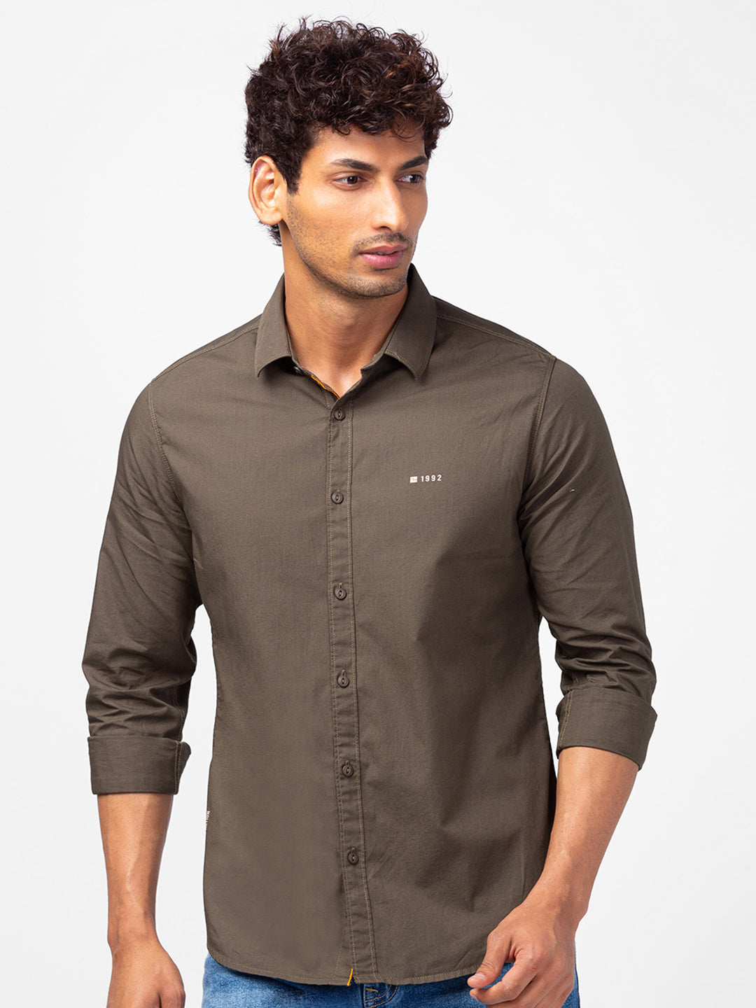 Spykar Men Olive Green Cotton Slim Fit Plain Shirts