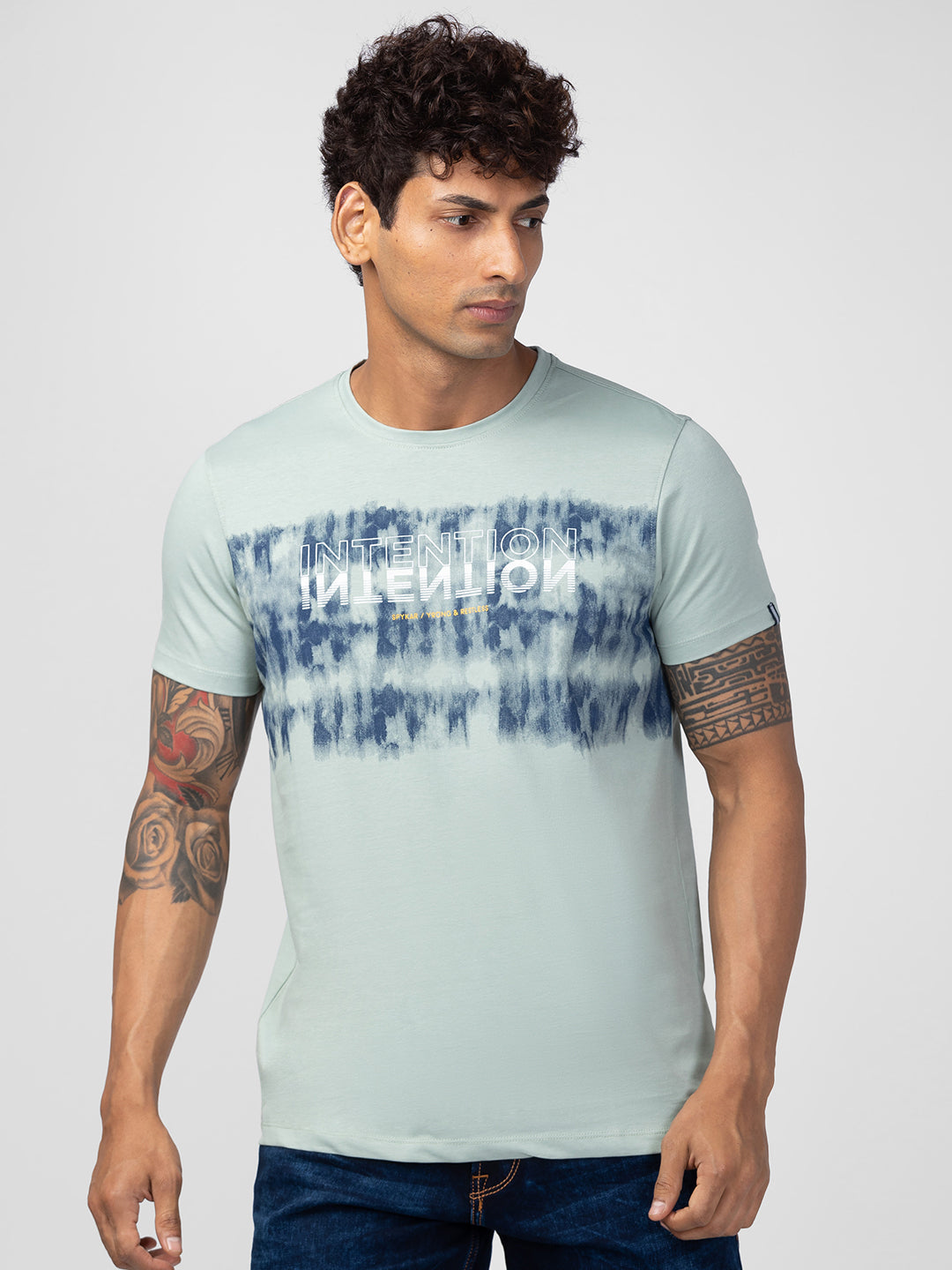 Spykar Men Dusty Green Cotton Regular Fit Half Sleeve Printed T-Shirt