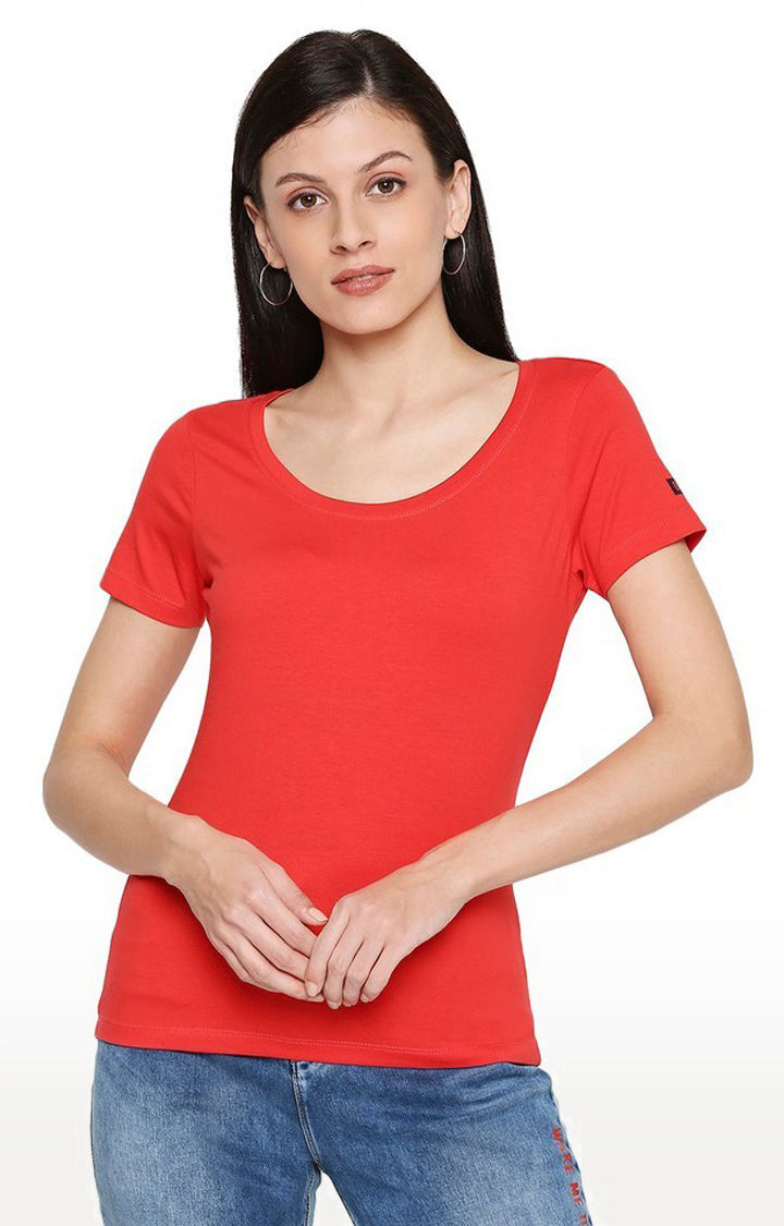 Spykar Women Cotton Red T-Shirt