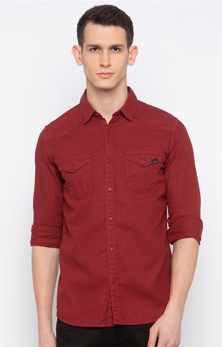 Spykar Red Cotton Slim Fit Shirts For Men