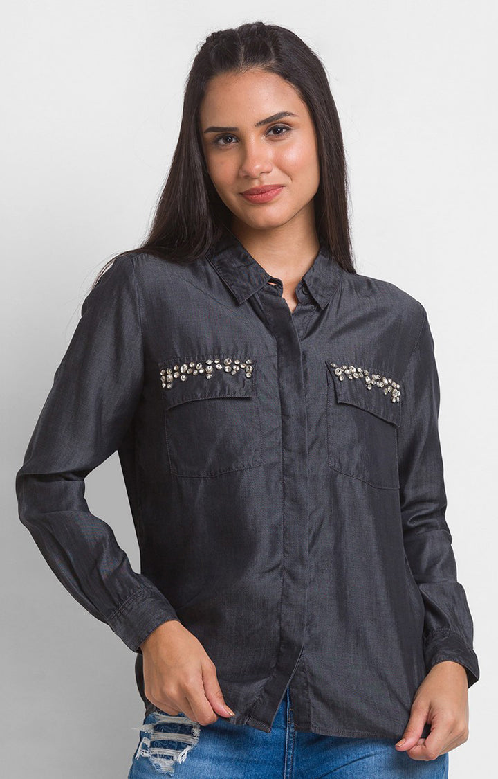 Spykar Black Poly Satin Full Sleeve Denim Shirts For Women