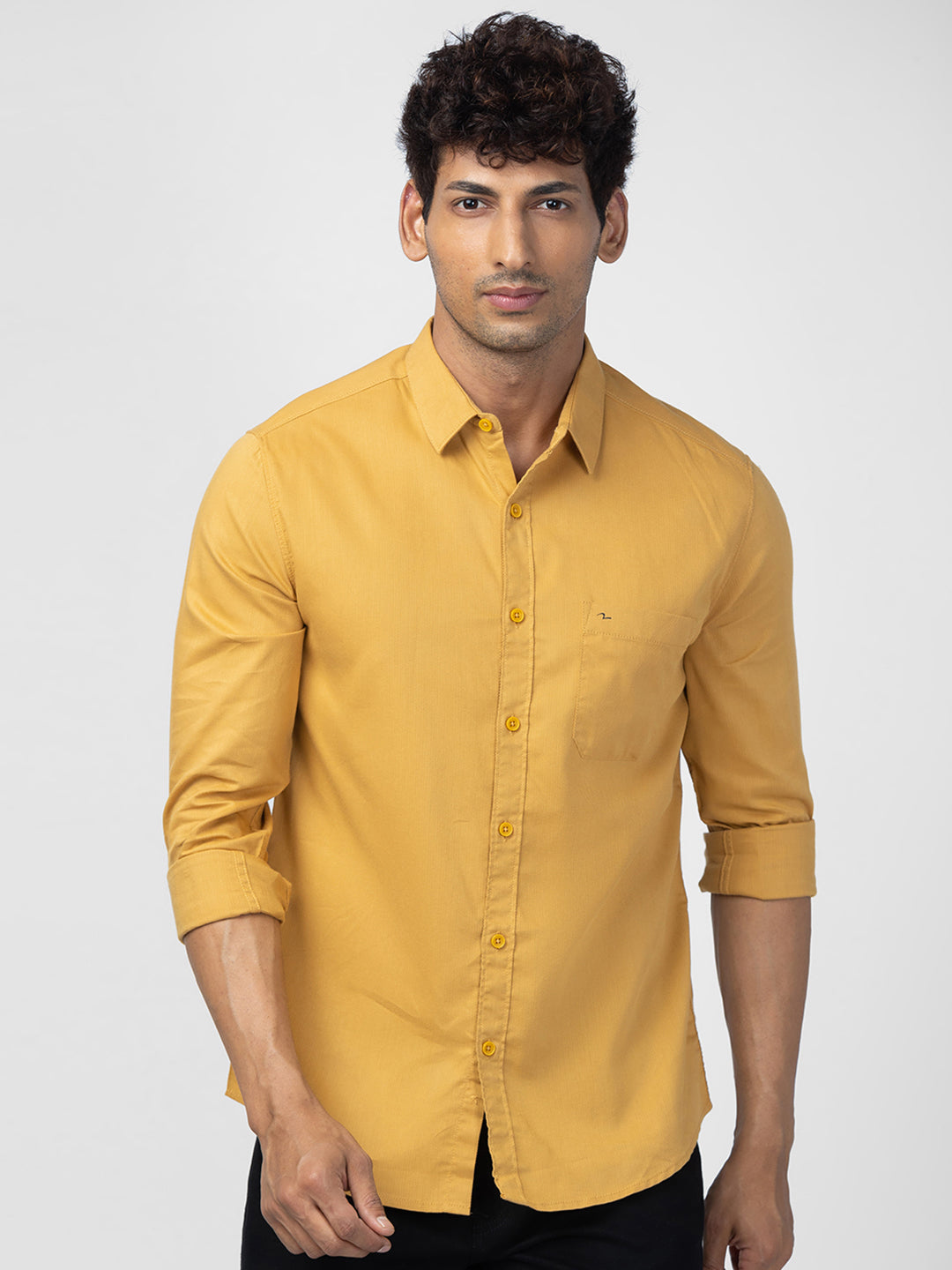 Spykar Men Sulphur Yellow Cotton Slim Fit Plain Shirt