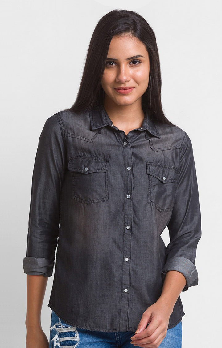 Spykar Black Cotton Full Sleeve Plain Shirts For Women