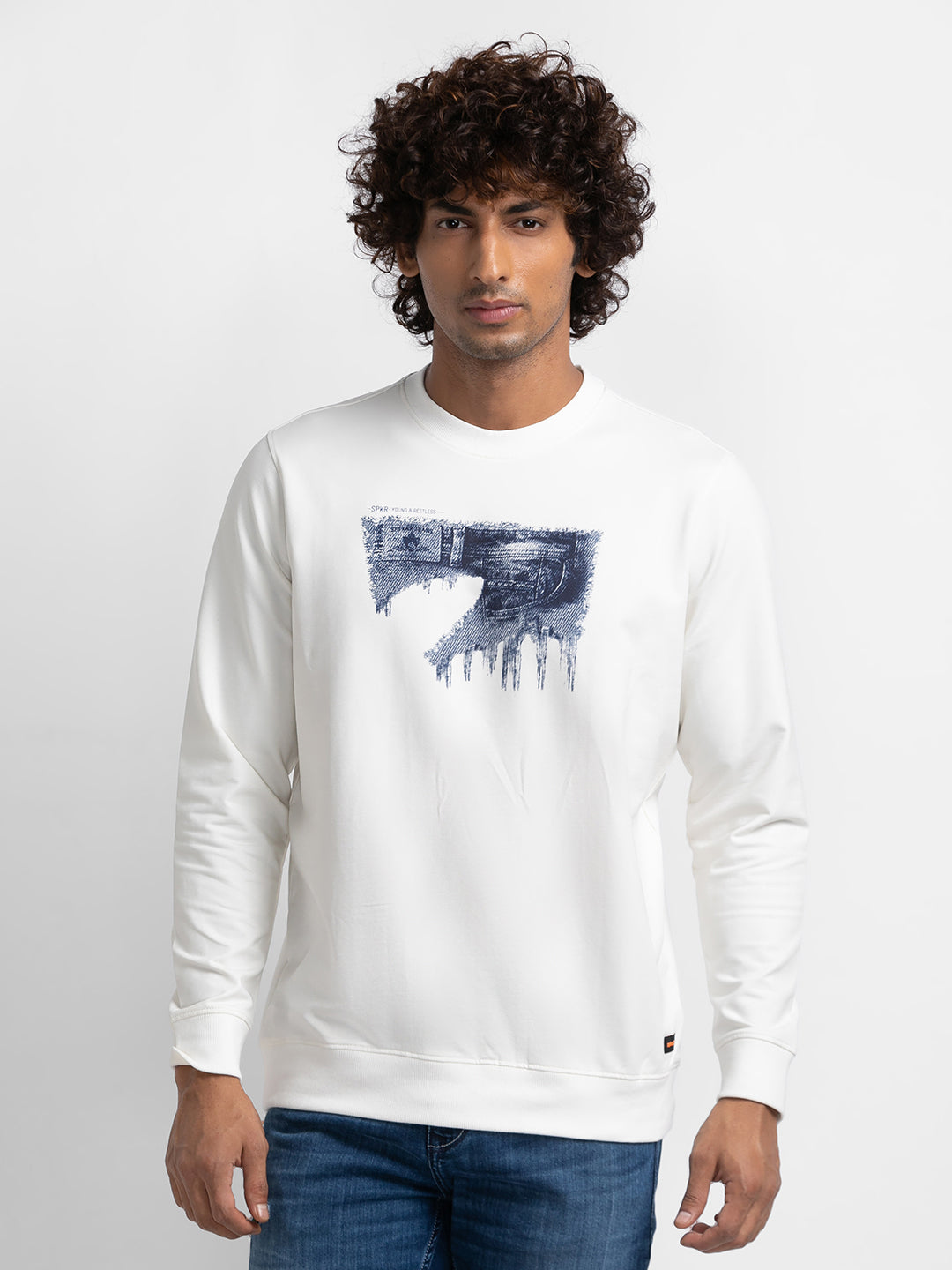 Spykar Ecru Cotton Full Sleeve Round Neck Sweatshirt For Men