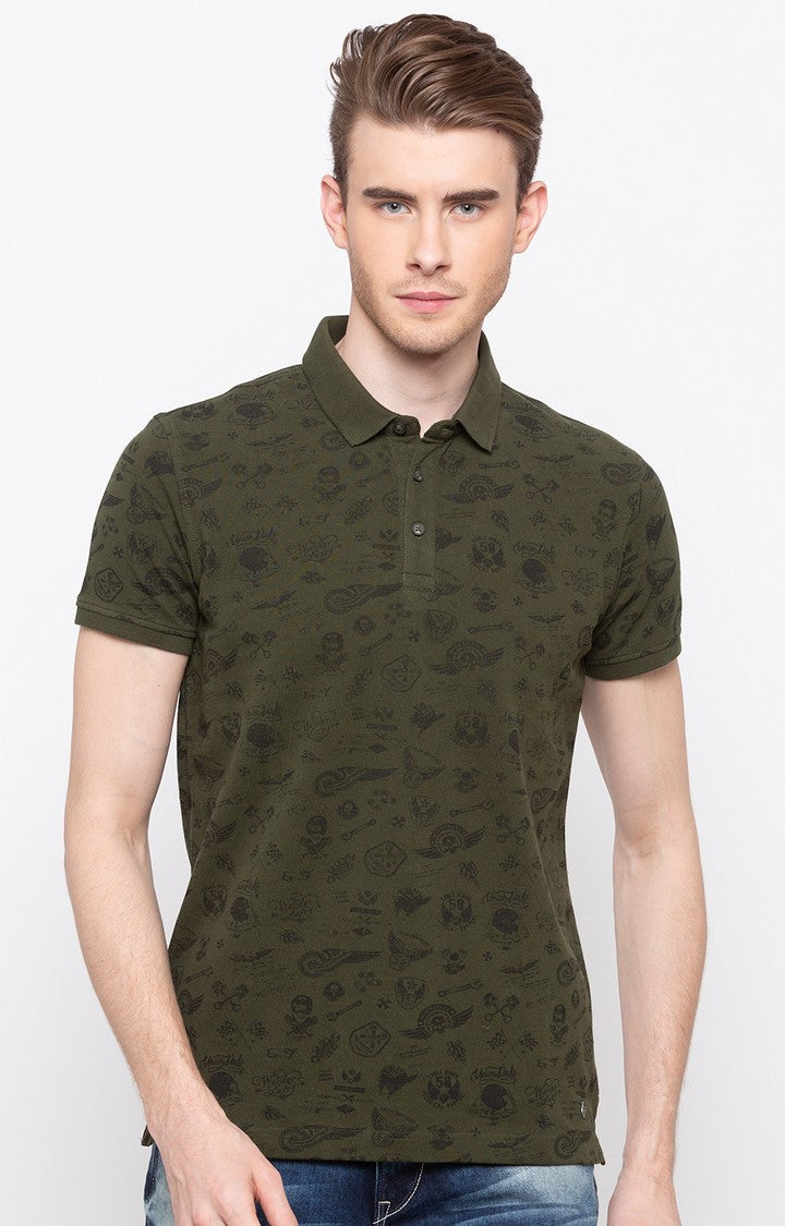 Spykar Olive Printed Slim Fit Polo T-Shirt