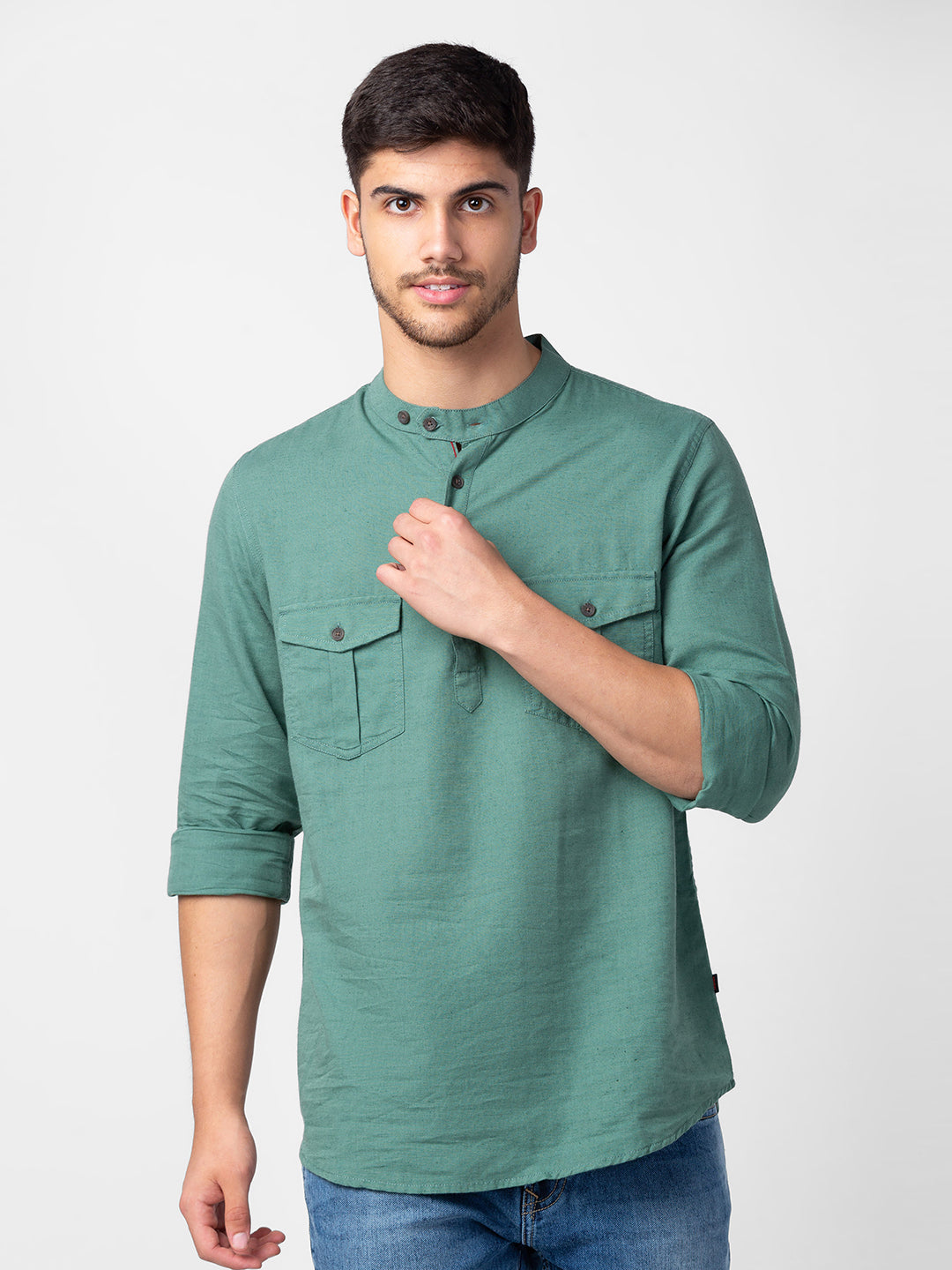 Spykar Men Sage Green Cotton Slim Fit M and arin Collar Plain Kurta