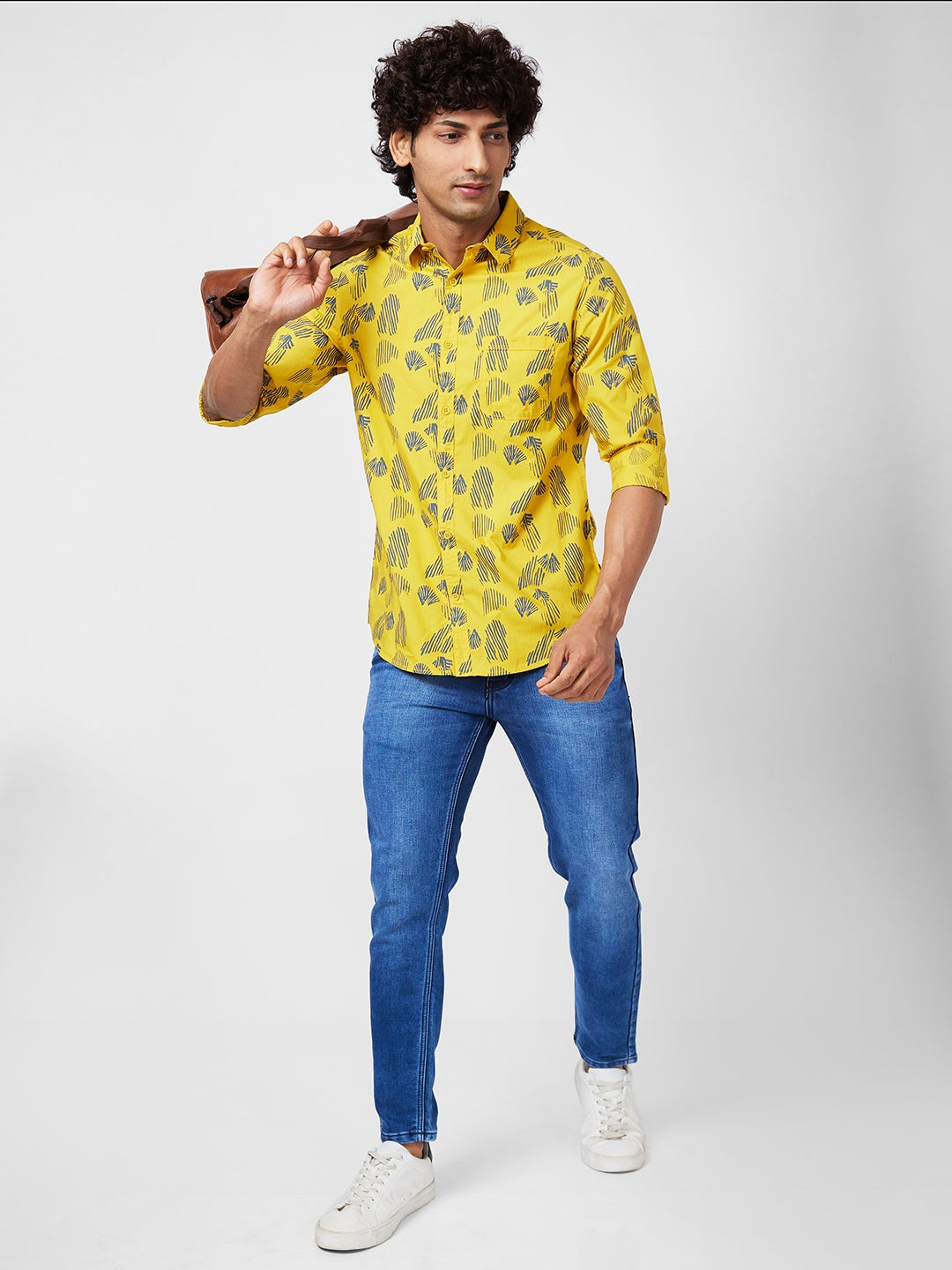 Spykar Men Sulphur Yellow Cotton Slim Fit Printed Shirt