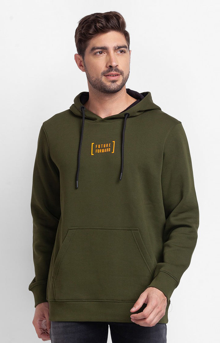 Spykar Rifle Green Cotton Full Sleeve Hooded Sweatshirt For Men