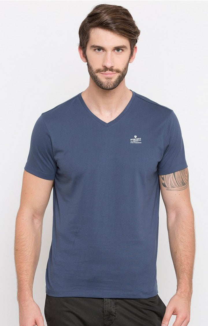 Spykar Blue Solid Slim Fit Men T-Shirts