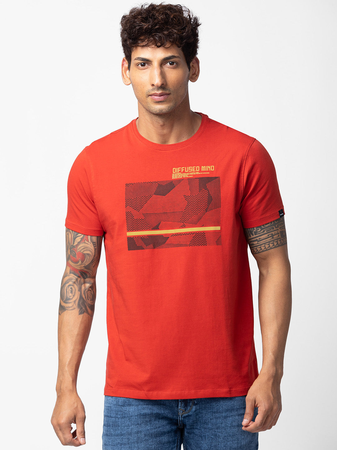 Spykar Men Burnt Orange Cotton Regular Fit Half Sleeve Printed T-Shirt