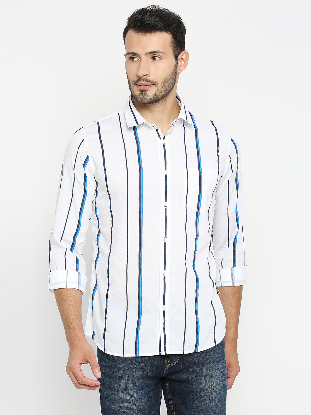 Spykar Men White Cotton Full Sleeve Striped Shirt