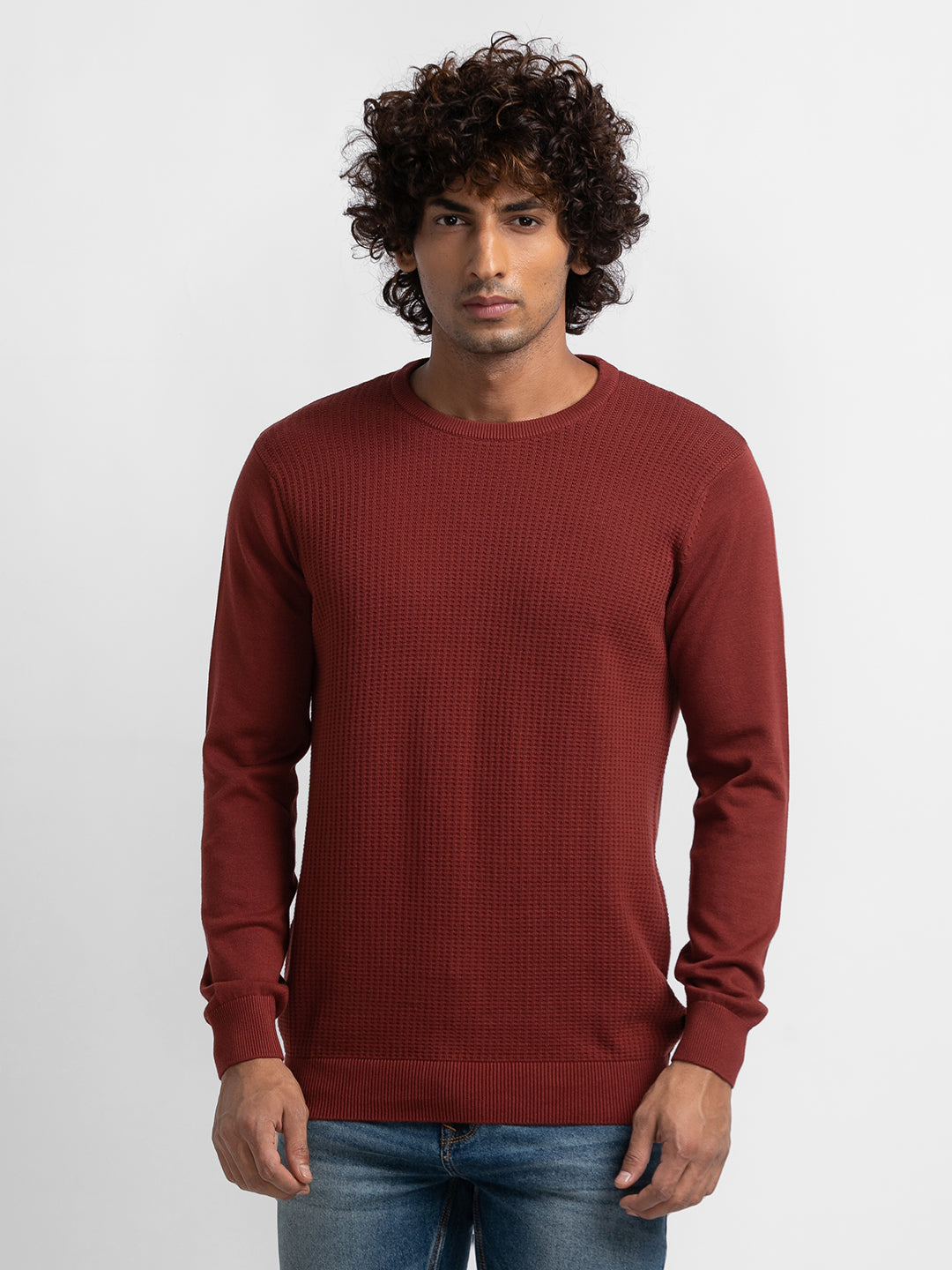 Spykar Brick Red Cotton Full Sleeve Casual Sweater For Men